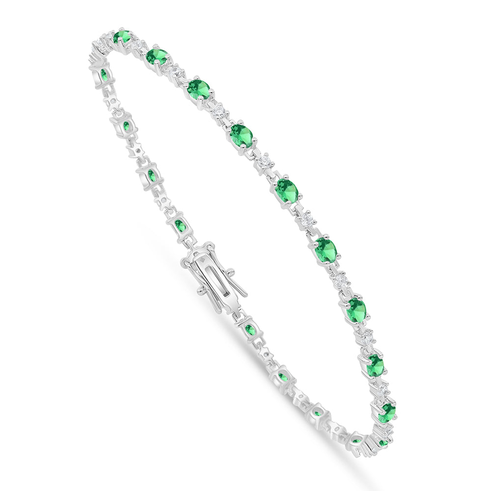 Sterling Silver 925 Bracelet Rhodium Plated Embedded With Emerald Zircon And White Zircon