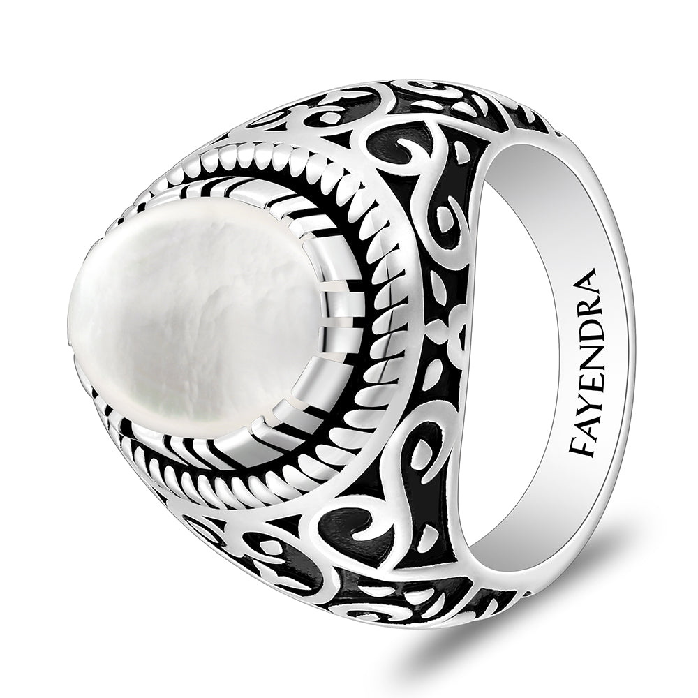 خاتم رجالي من الفضة الخالصة عيار 925 مطلي روديوم و اسود مرصع احجار صدف ابيض كابشون