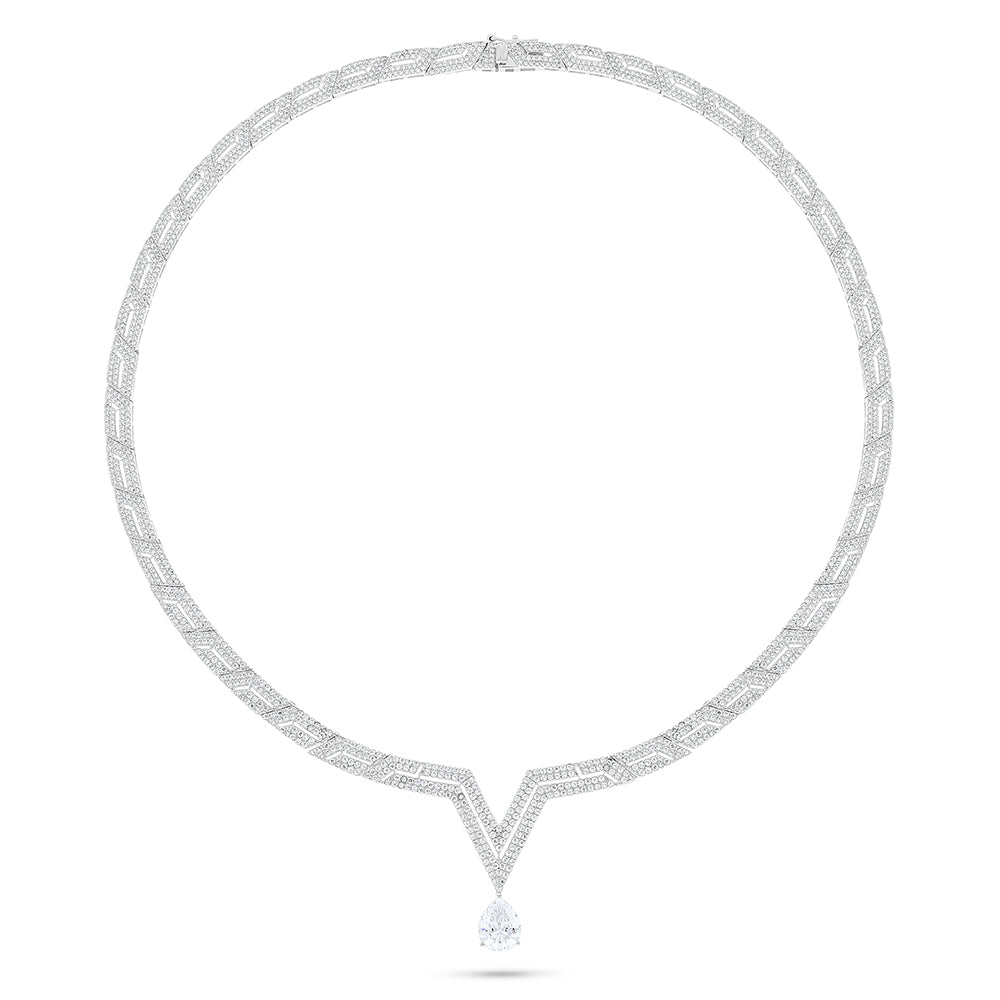 Sterling Silver 925 Necklace Rhodium Plated Embedded With White Zircon