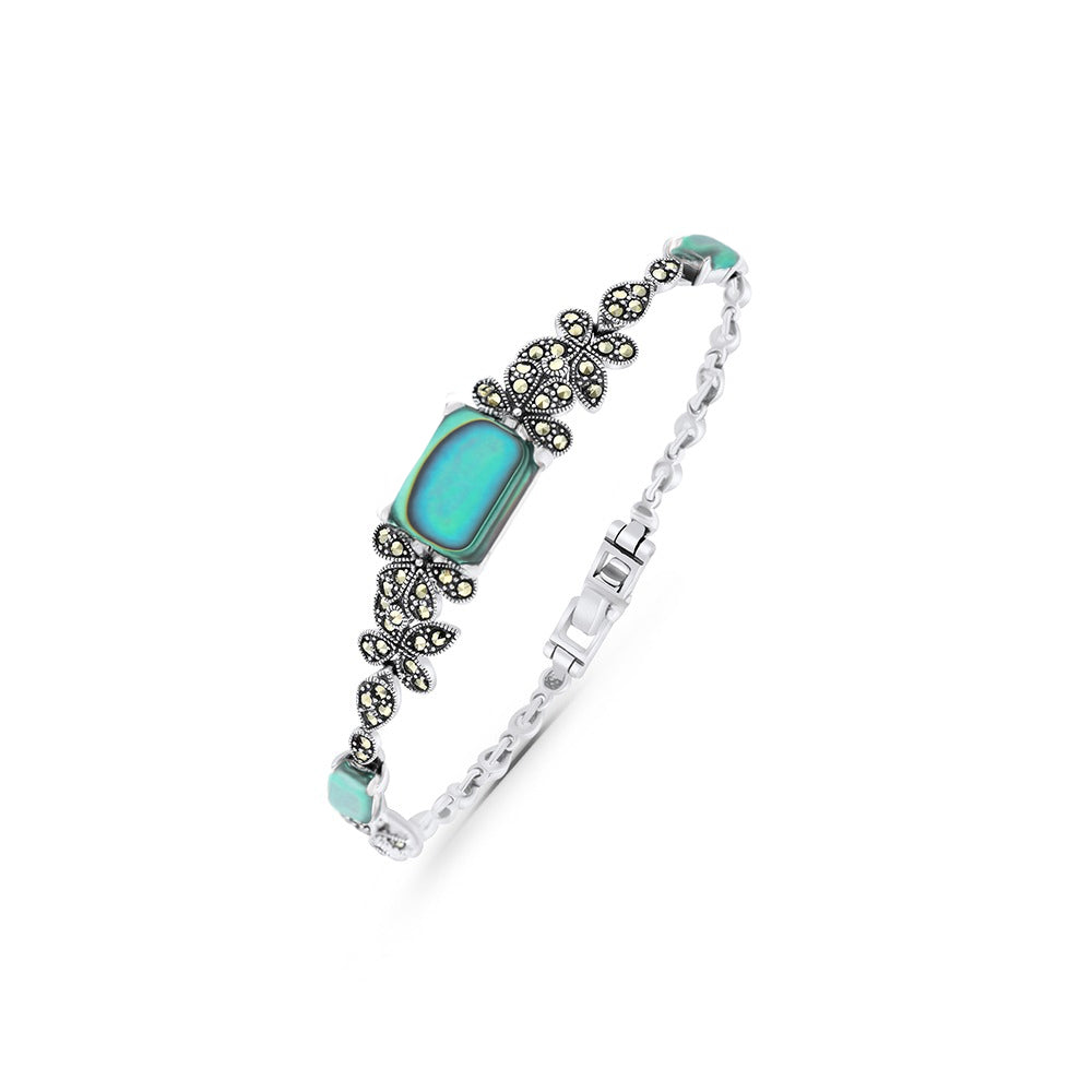 Sterling Silver 925 Bracelet Embedded With Natural Blue Shell And Marcasite Stones
