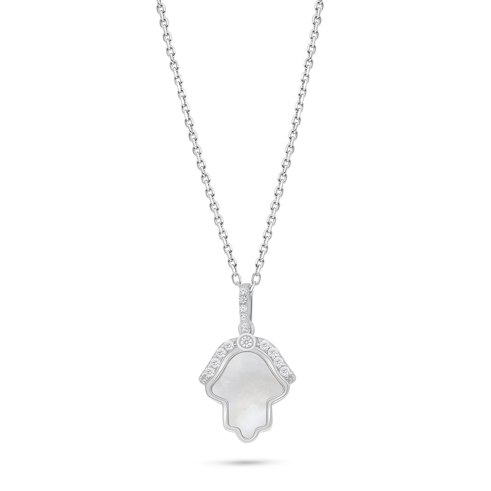 Sterling Silver 925 Necklace Rhodium Plated Embedded With White Shell And White Zircon