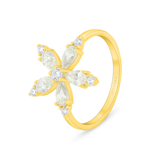 Sterling Silver 925 Ring Golden Plated Embedded With Yellow Diamond And White Zircon