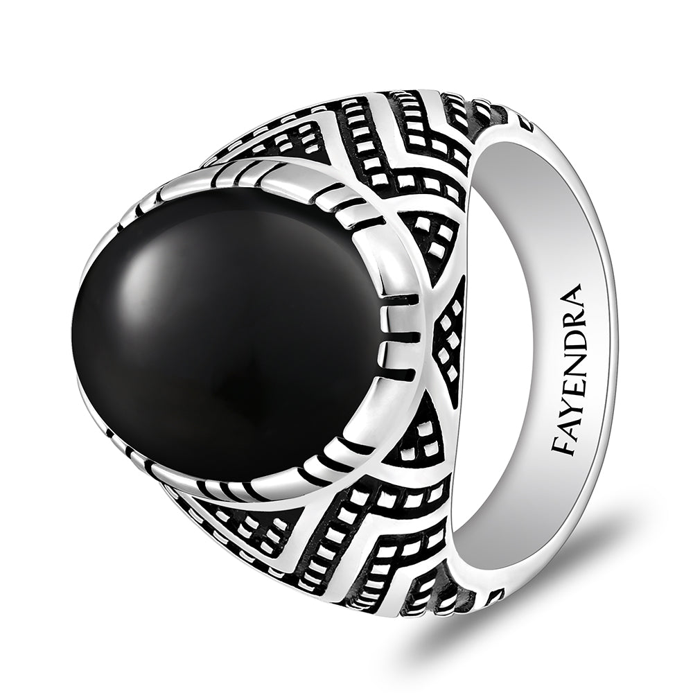 خاتم رجالي من الفضة الخالصة عيار 925 مطلي روديوم و اسود مرصع احجار عقيق اسود طبيعي كابشون