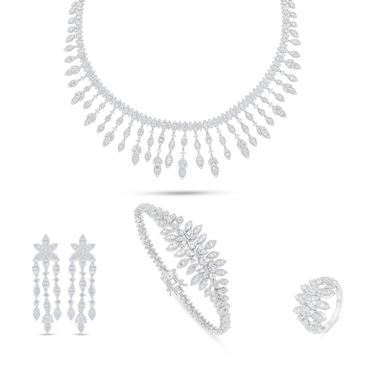 طقم من الفضة الخالصة عيار 925 مطلي روديوم مرصع فص ابيض