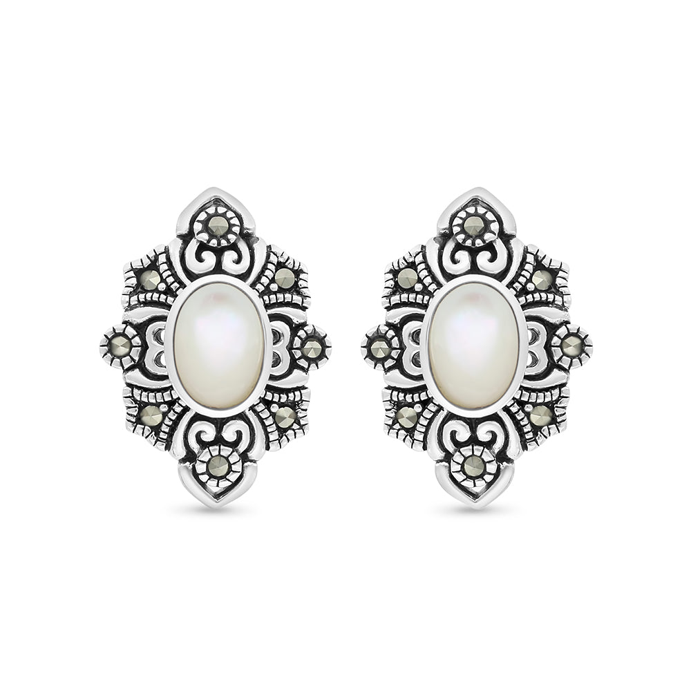 Sterling Silver 925 Earring Embedded With Natural White Shell And Marcasite Stones