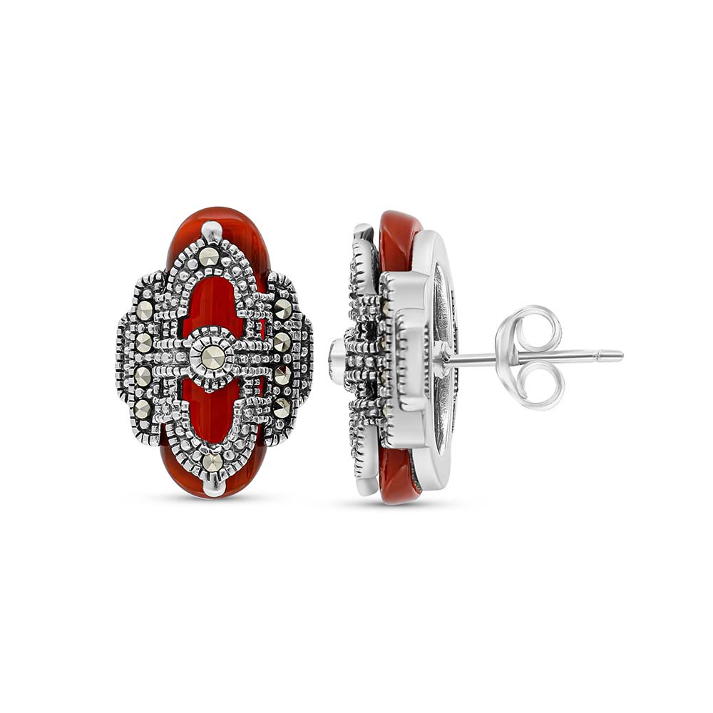 Sterling Silver 925 Earring Embedded With Natural Aqiq And Marcasite Stones