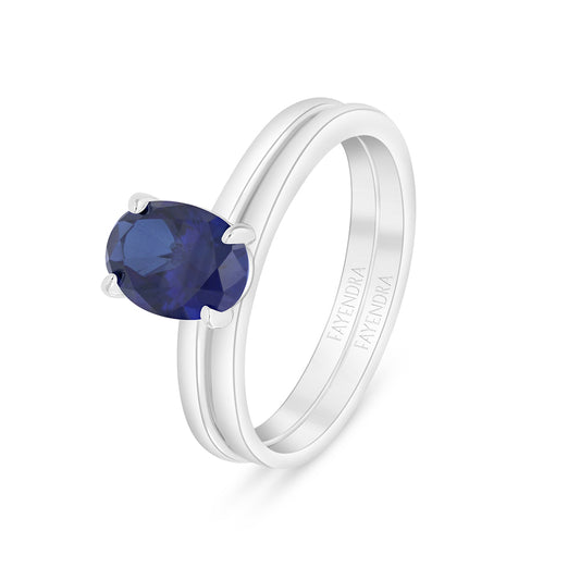 Sterling Silver 925 Ring (Twins) Rhodium Plated Embedded With Sapphire Corundum