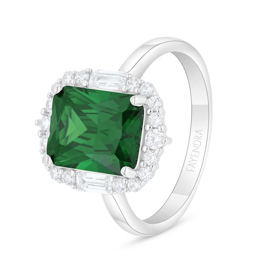 خاتم من الفضة الخالصة عيار 925 مطلي روديوم مرصع زركون زمردي و فص ابيض