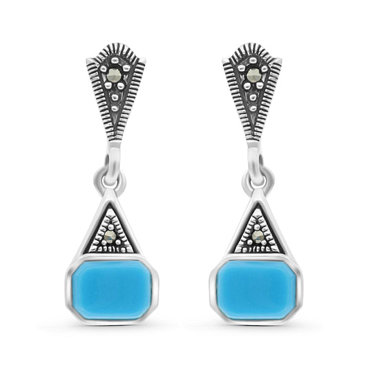 Sterling Silver 925 Earring Embedded With Natural Processed Turquoise And Marcasite Stones