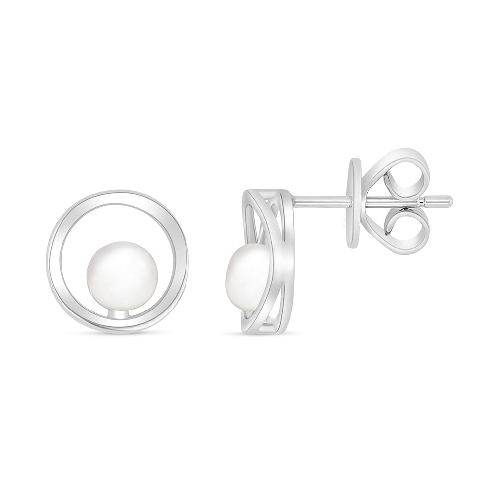 Sterling Silver 925 Earring Rhodium Plated Embedded With Natural White Pearl