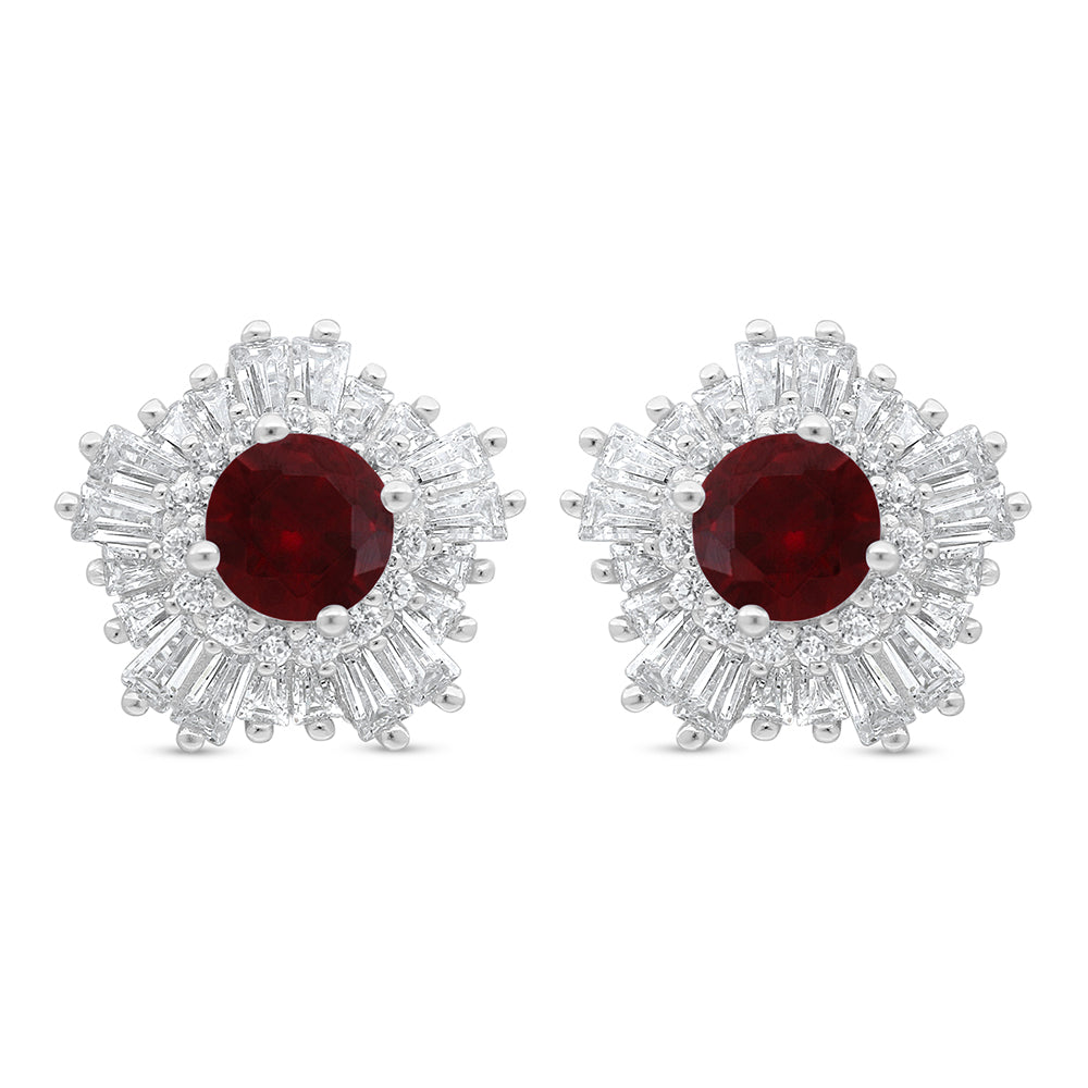 Sterling Silver 925 Earring Rhodium Plated Embedded With Ruby Corundum And White Zircon