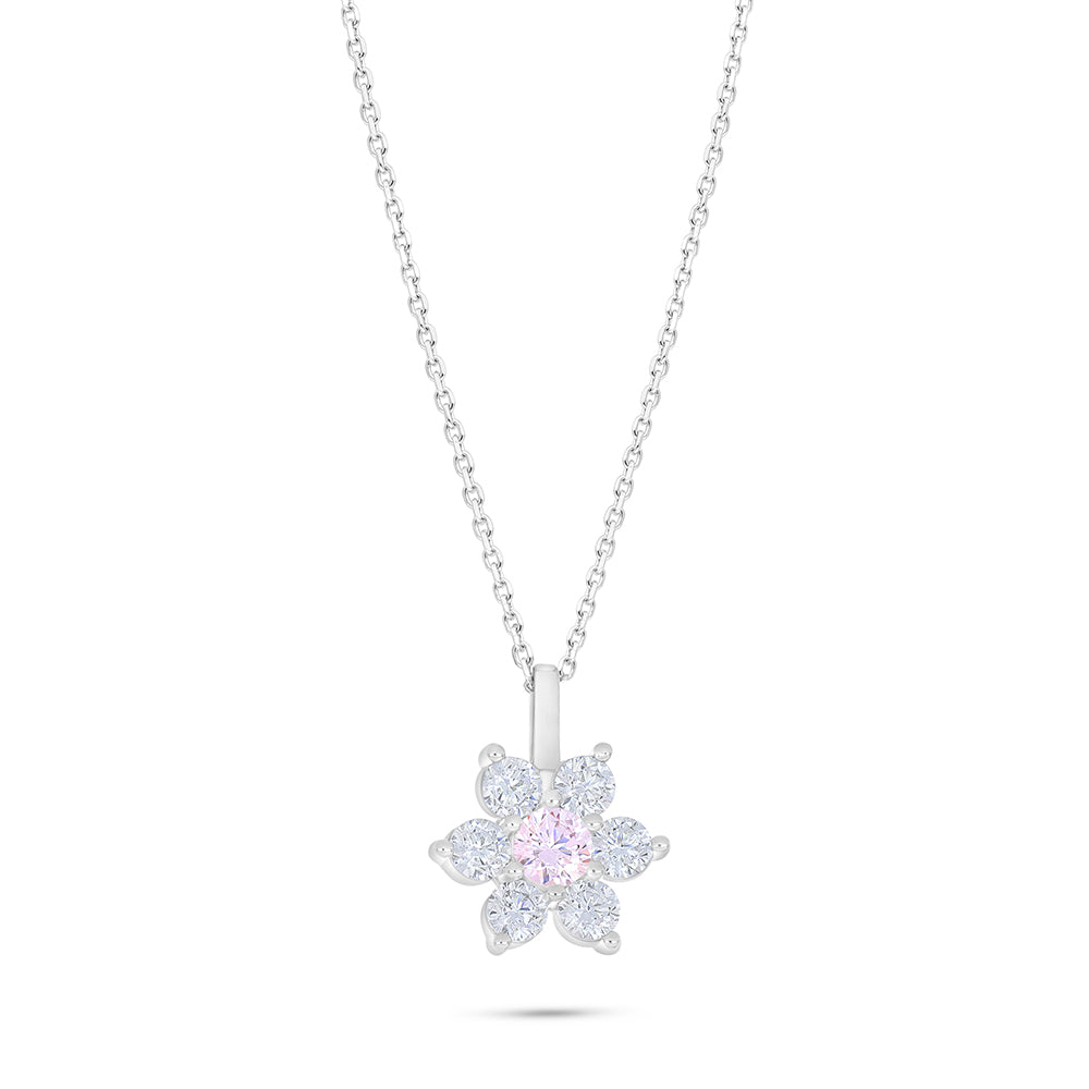 Sterling Silver 925 Necklace Rhodium Plated Embedded With pink Zircon And White Zircon