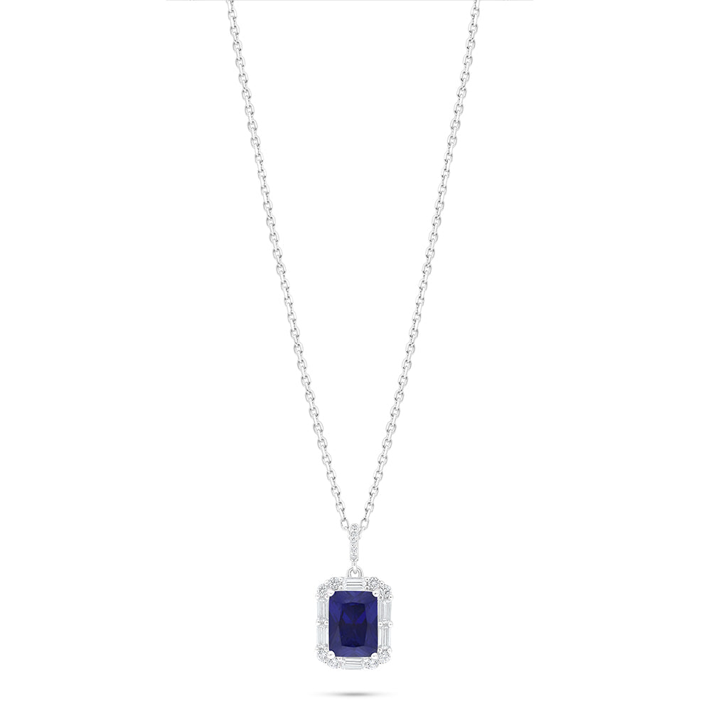 Sterling Silver 925 Necklace Rhodium Plated Embedded With Sapphire Corundum And White Zircon