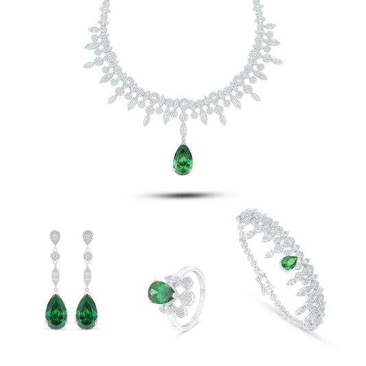 Sterling Silver 925 SET Rhodium Plated Embedded With Emerald Zircon And White Zircon