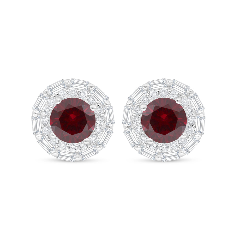 Sterling Silver 925 Earring Rhodium Plated Embedded With Ruby Corundum And White Zircon