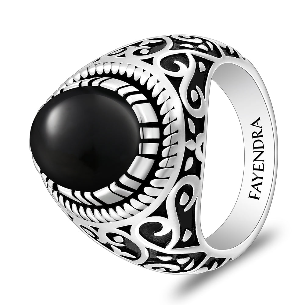 خاتم رجالي من الفضة الخالصة عيار 925 مطلي روديوم و اسود مرصع احجار عقيق اسود طبيعي كابشون