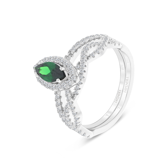 Sterling Silver 925 Ring (Twins) Rhodium Plated Emerald