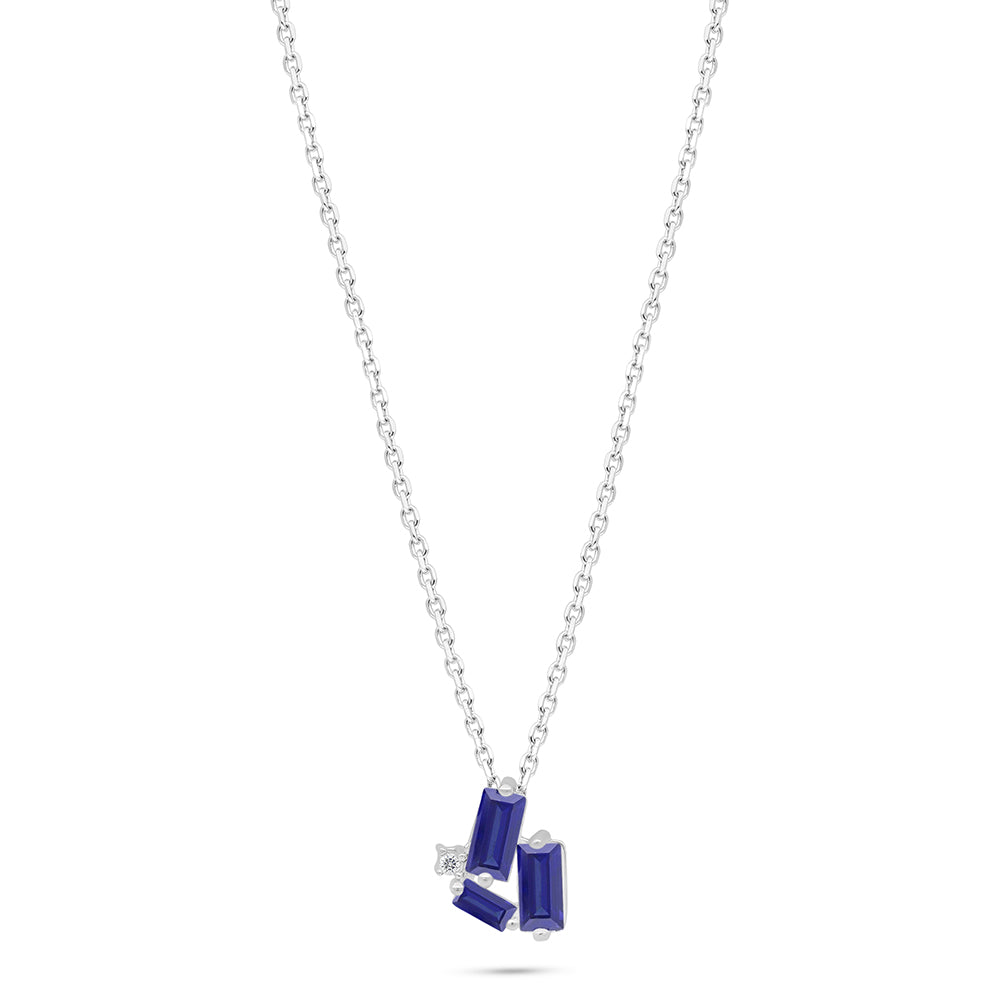 Sterling Silver 925 Necklace Rhodium Plated Embedded With Sapphire Corundum And White Zircon