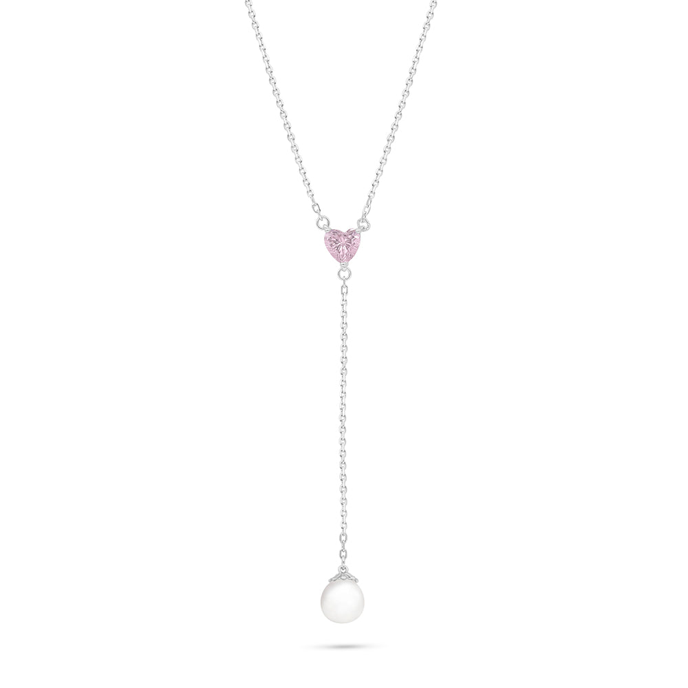 Sterling Silver 925 Necklace Rhodium Plated Embedded With Natural White Pearl And Pink Zircon