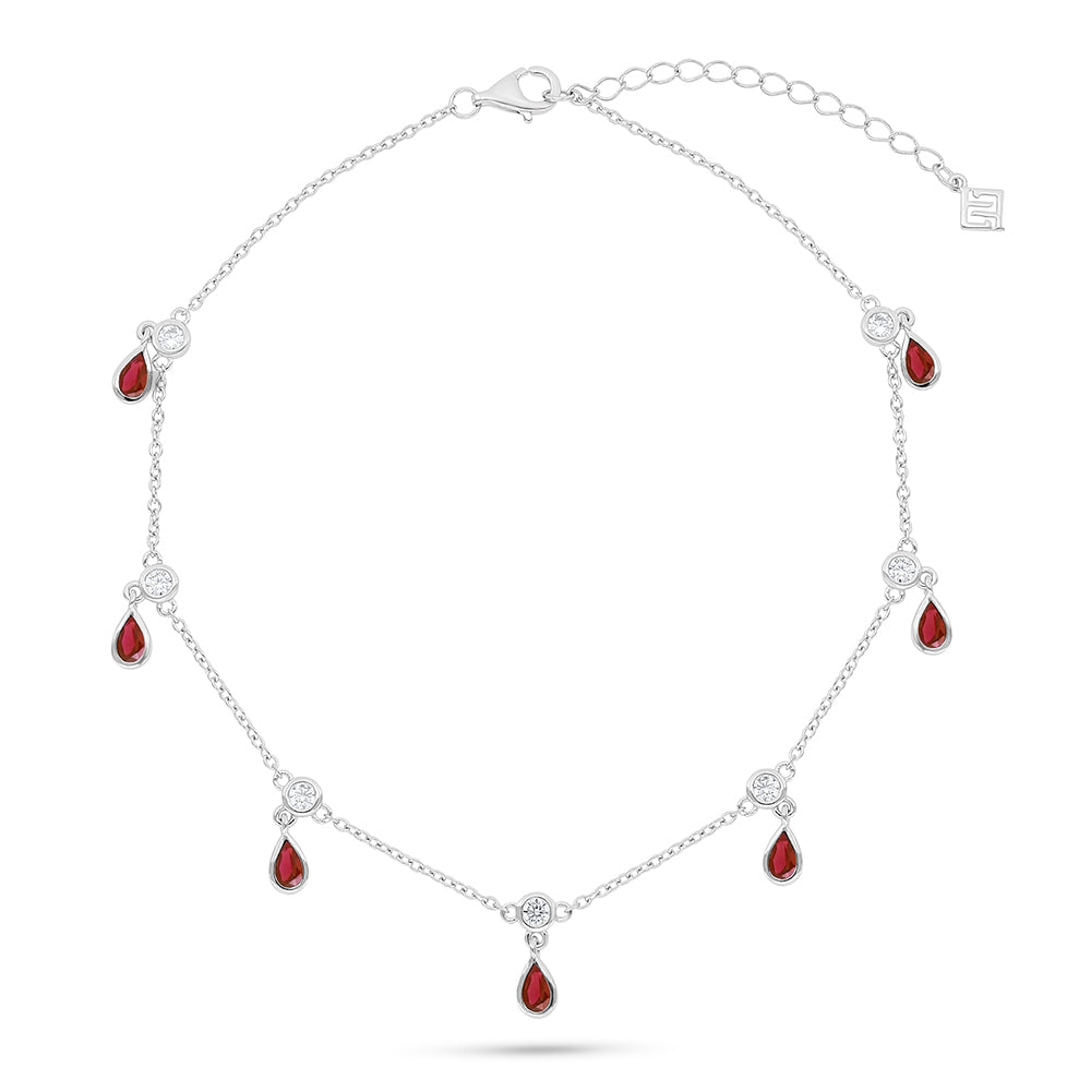 Sterling Silver 925 Anklet Rhodium Plated Embedded With Ruby Corundum And White Zircon