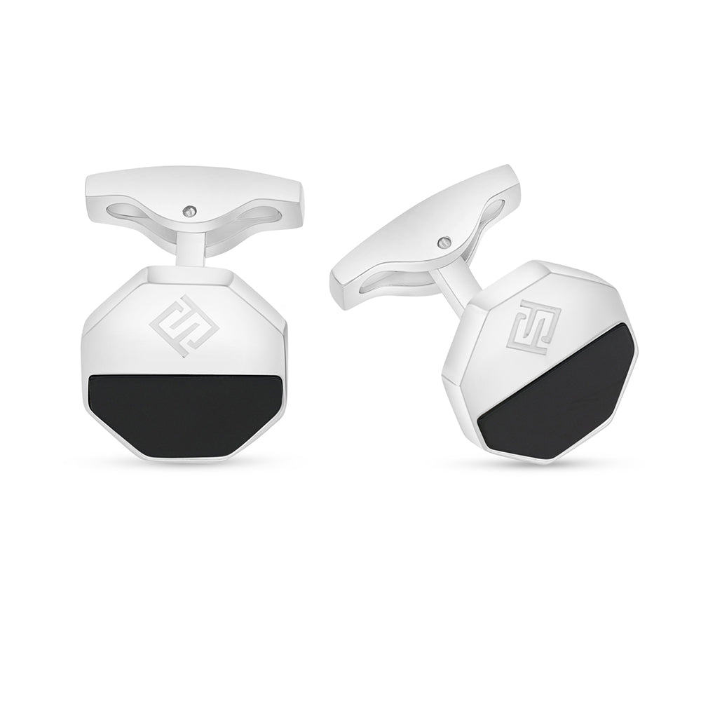 Stainless Steel Cufflink 316L Embedded With Black Agate Shiny Steel