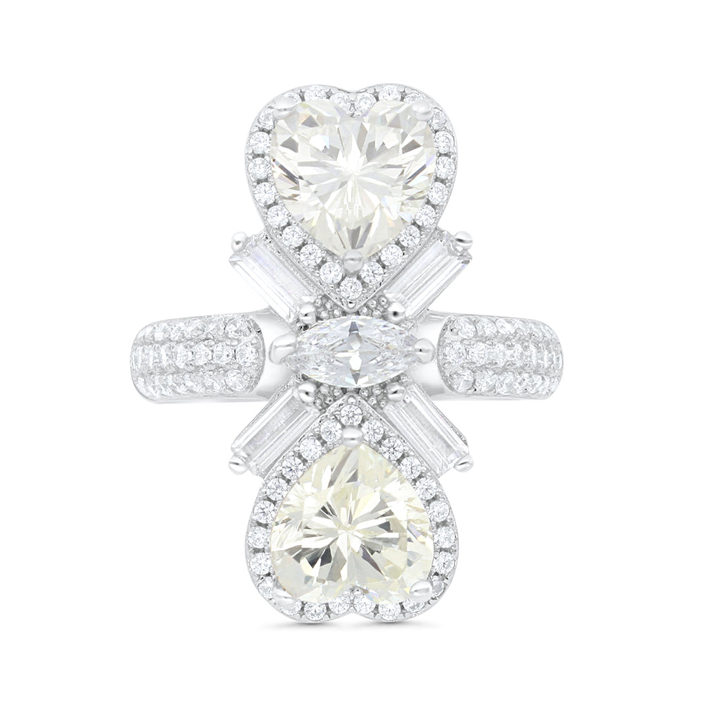 Sterling Silver 925 Ring Rhodium Plated Embedded With Yellow Zircon And White CZ