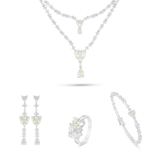 طقم من الفضة الخالصة عيار 925 مطلي روديوم مرصع احجار الكناري الالماسي و فص ابيض