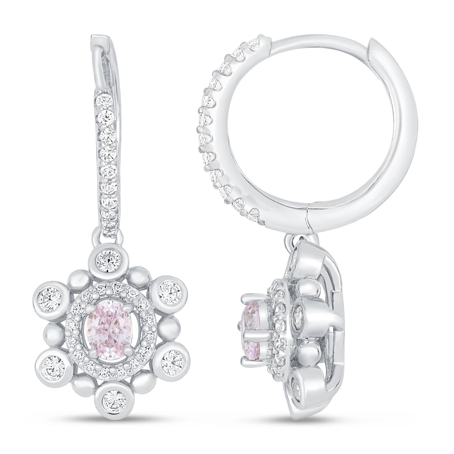 Sterling Silver 925 Earring Rhodium Plated Embedded With Pink Zircon And White Zircon
