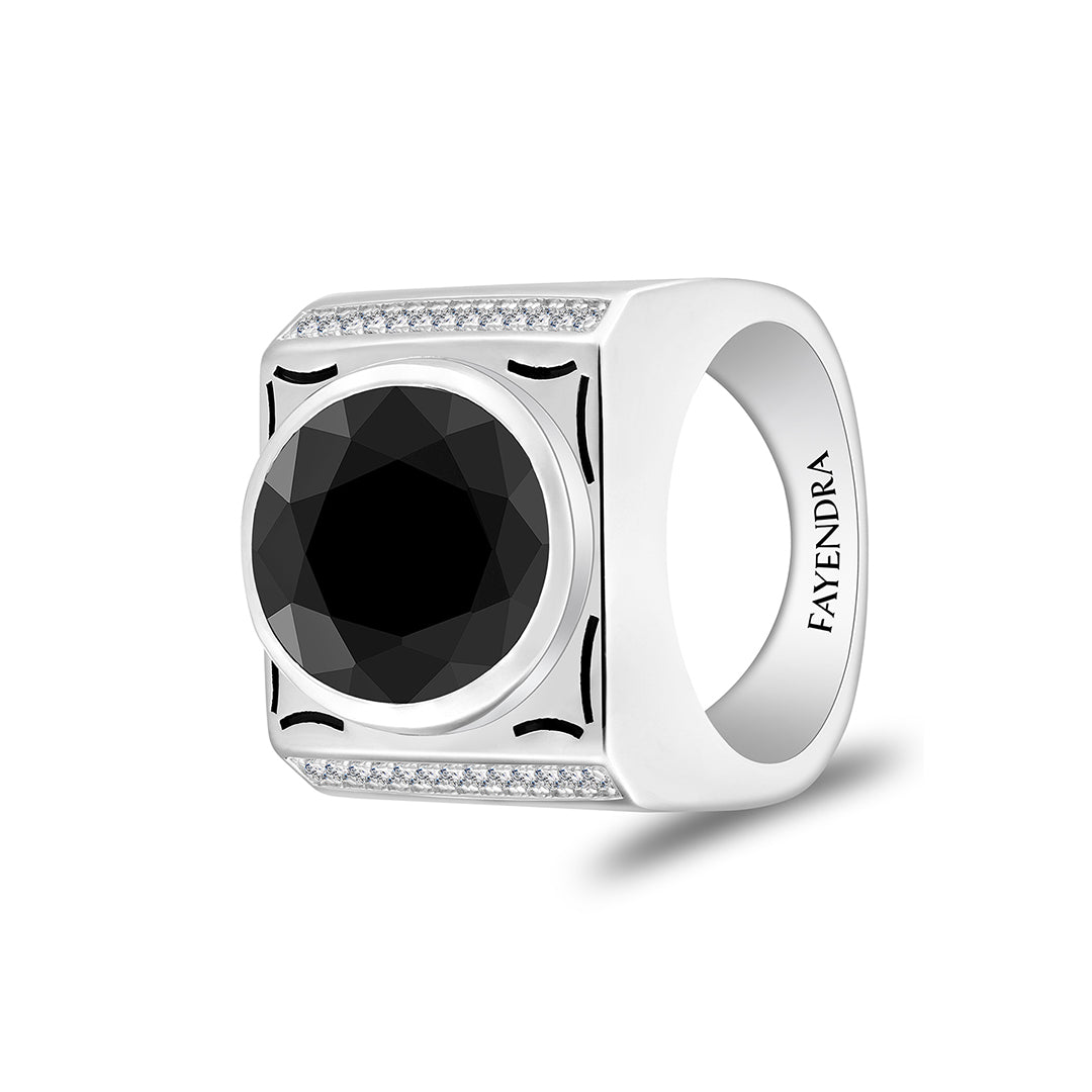 خاتم رجالي من الفضة الخالصة عيار 925 مطلي روديوم و اسود مرصع احجار اونكس سبينل و فص ابيض