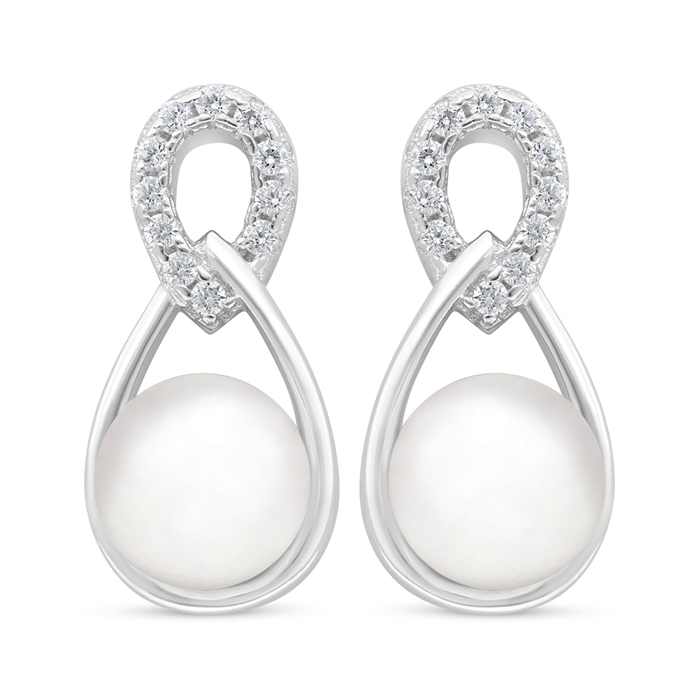 Sterling Silver 925 Earring Rhodium Plated Embedded With Natural White Pearl And White Zircon