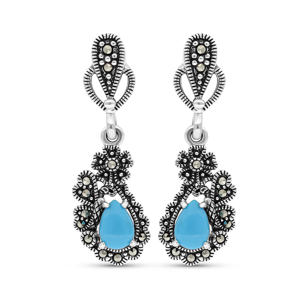 Sterling Silver 925 Earring Embedded With Natural Processed Turquoise And Marcasite Stones