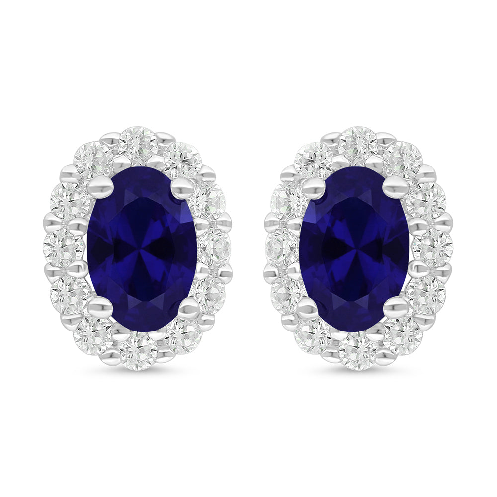 Sterling Silver 925 Earring Rhodium Plated Embedded With Sapphire Corundum And White Zircon