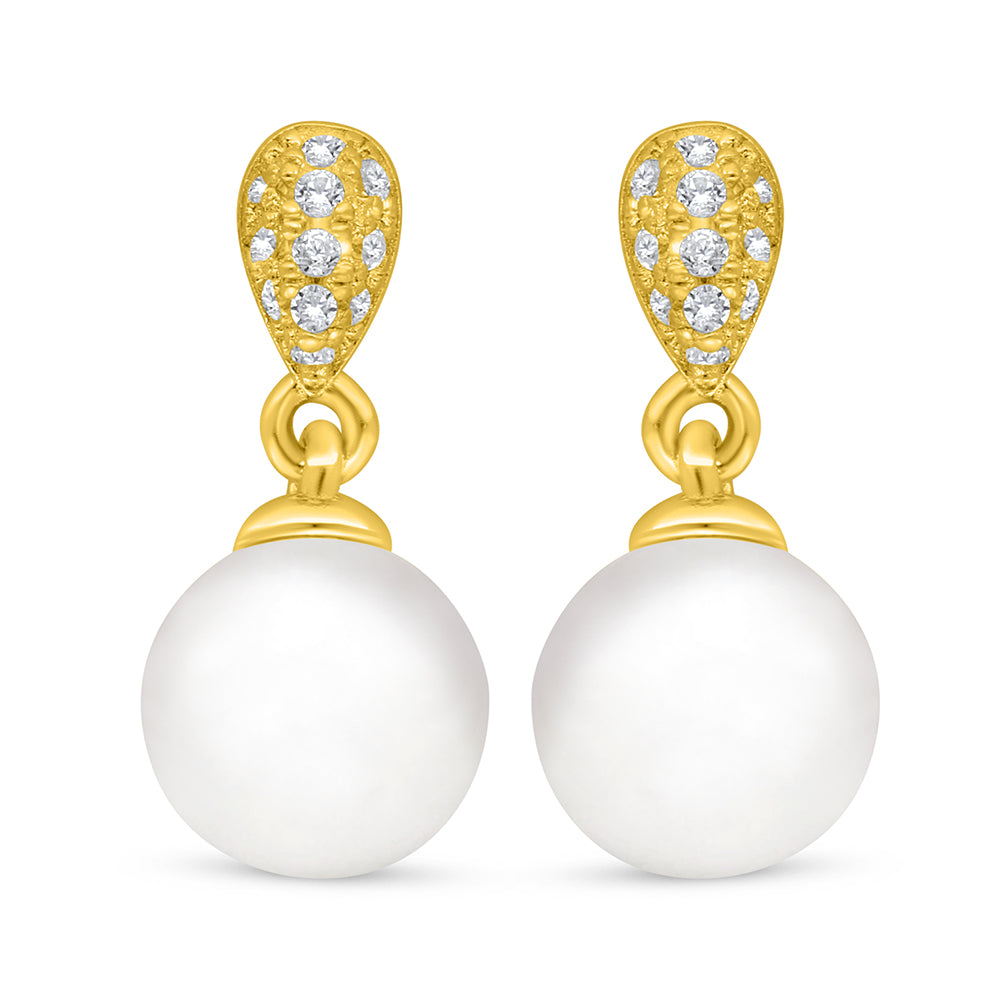 Sterling Silver 925 Earring Golden Plated Embedded With Natural White Pearl And White Zircon