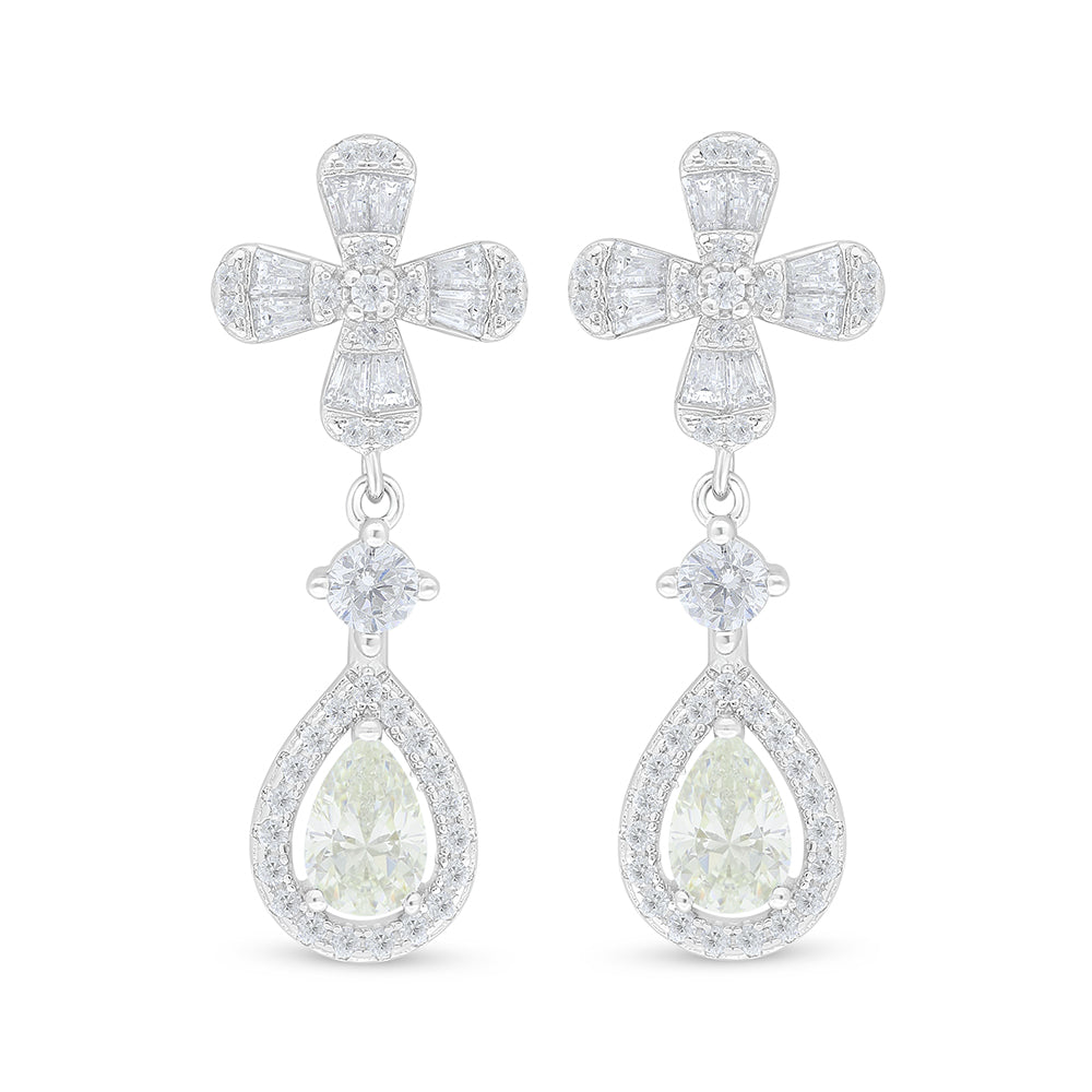 Sterling Silver 925 Earring Rhodium Plated Embedded With Yellow Diamond And White Zircon