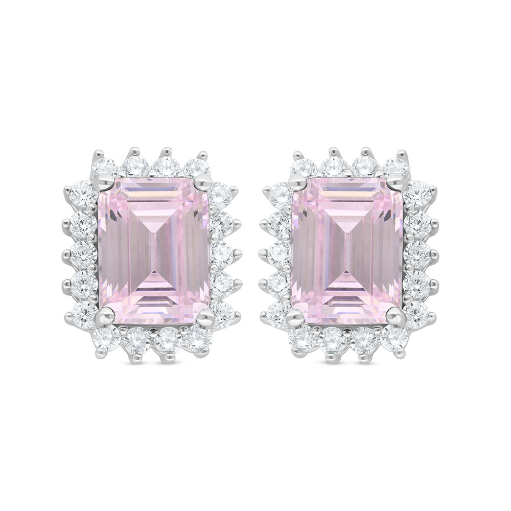 Sterling Silver 925 Earring Rhodium Plated Embedded With Pink Zircon And White Zircon