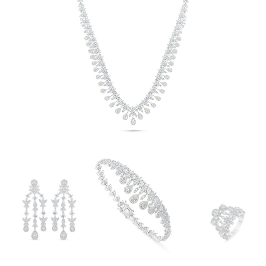 طقم من الفضة الخالصة عيار 925 مطلي روديوم مرصع احجار زركون كناري الماسي و فص ابيض