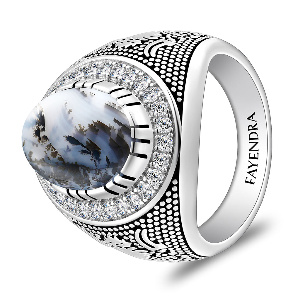 خاتم رجالي من الفضة الخالصة عيار 925 مطلي روديوم و اسود مرصع احجار عقيق مشجر طبيعي كابشون و فص ابيض