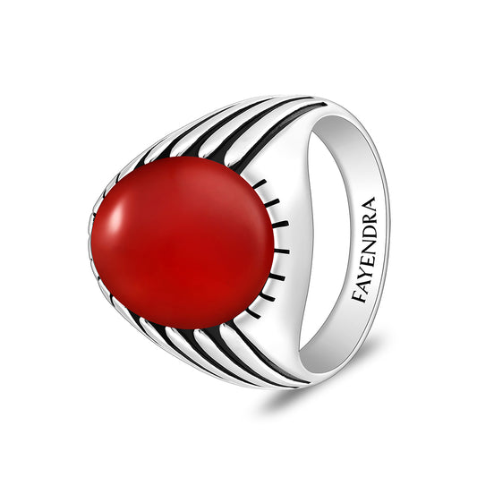 خاتم رجالي من الفضة الخالصة عيار 925 مطلي روديوم و اسود مرصع عقيق احمر كابشون