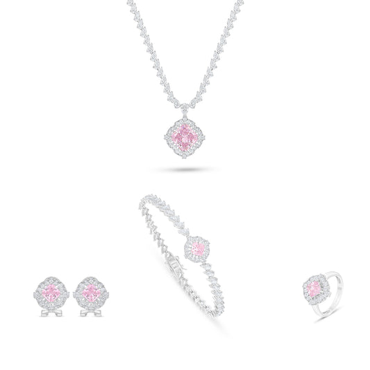 طقم من الفضة الخالصة عيار 925 مطلي روديوم و احجار زركون بنك و فص ابيض