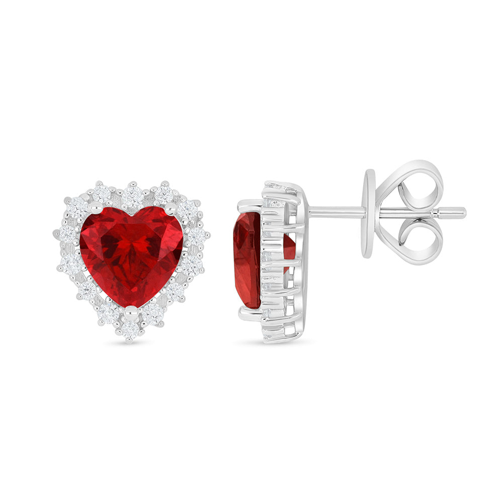 Sterling Silver 925 Earring Rhodium Plated Embedded With Ruby Corundum And White Zircon