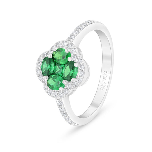 Sterling Silver 925 Ring Rhodium Plated Embedded With Emerald Zircon And White Zircon