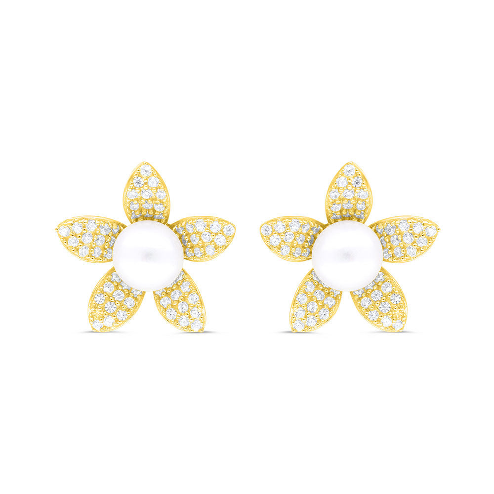 Sterling Silver 925 Earring Gold Plated Embedded With White Shell Pearl And White Zircon