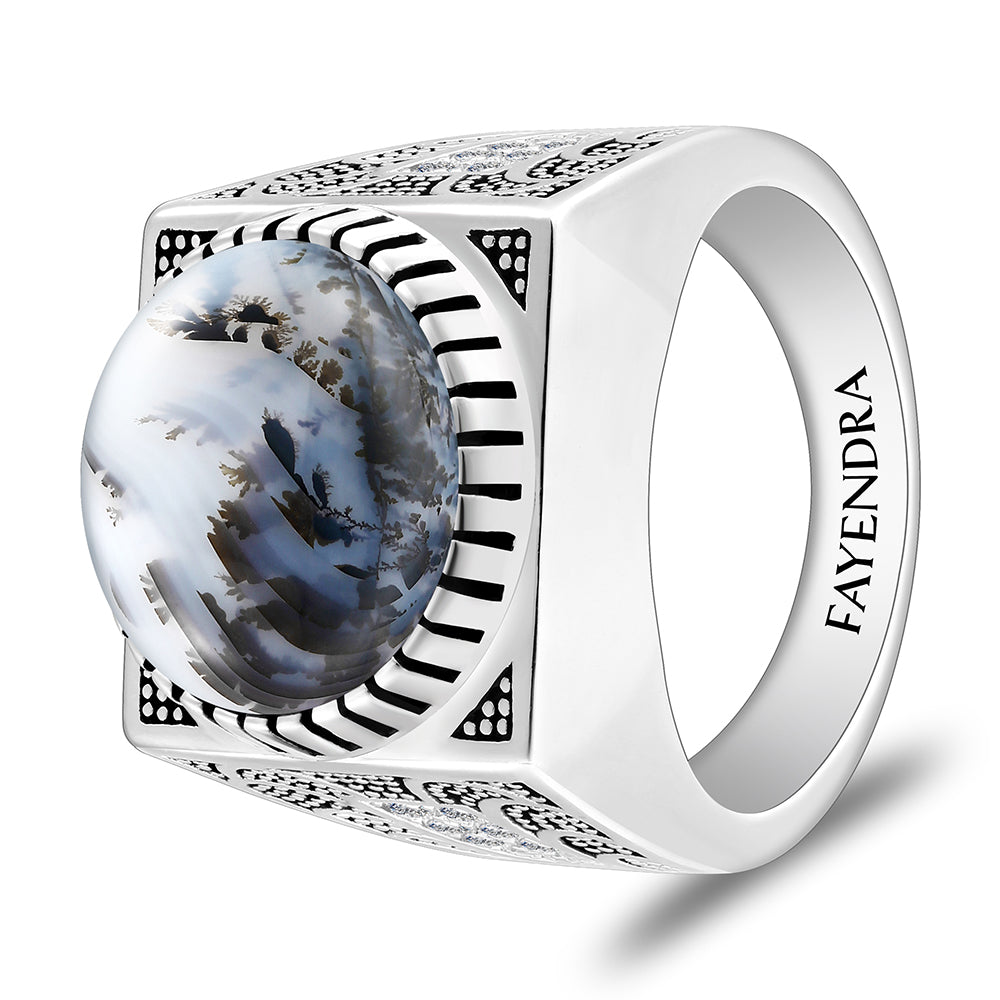 خاتم رجالي من الفضة الخالصة عيار 925 مطلي روديوم و اسود مرصع احجار عقيق مشجر طبيعي كابشون و فص ابيض