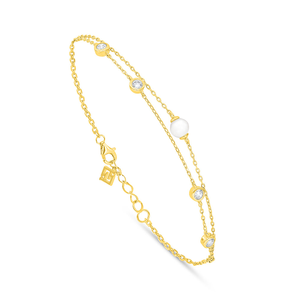 Sterling Silver 925 Bracelet Golden Plated Embedded With Natural White Pearl And White Zircon