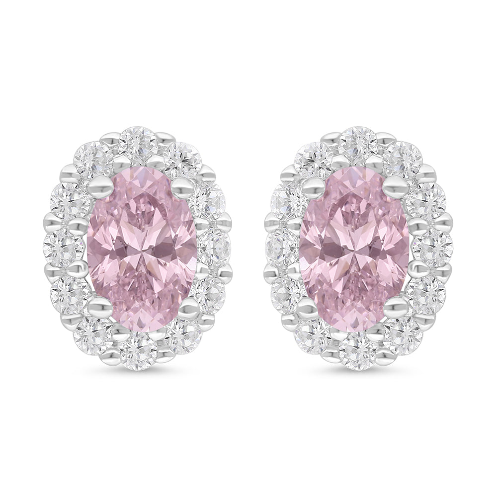Sterling Silver 925 Earring Rhodium Plated Embedded With Pink Zircon And White Zircon