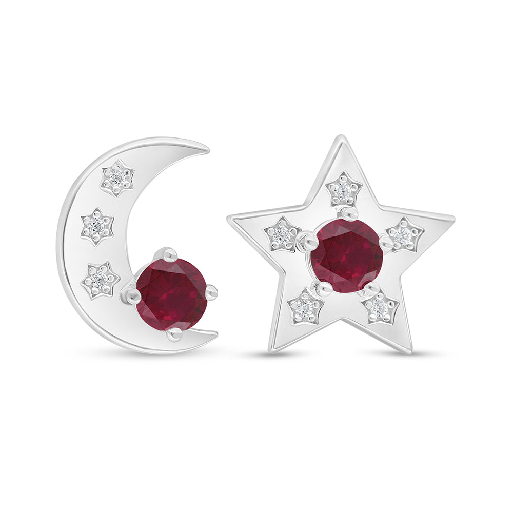 Sterling Silver 925 Earring Rhodium Plated Embedded With Ruby Corundum And White Zircon