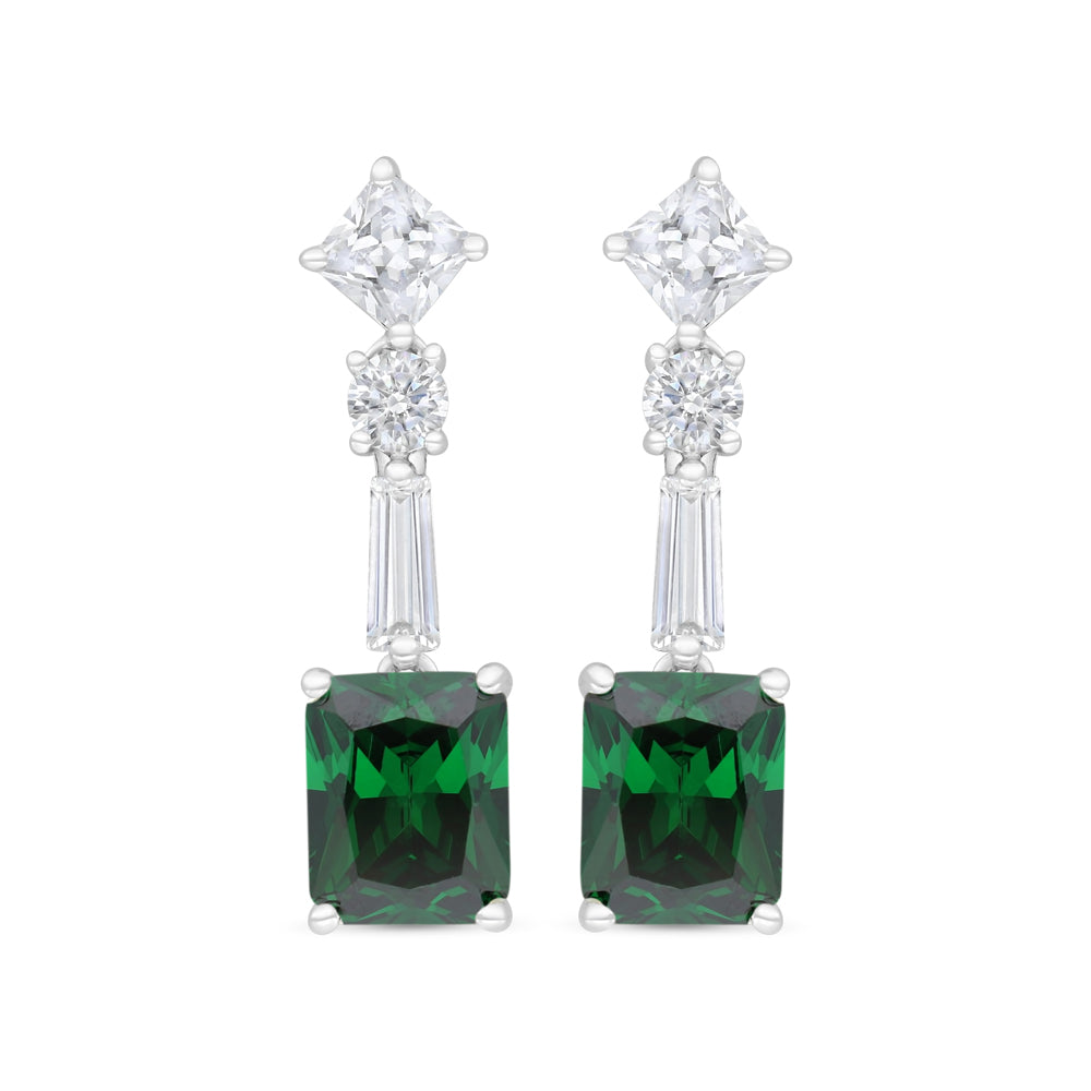 Sterling Silver 925 Earring Rhodium Plated Embedded With Emerald Zircon And White CZ