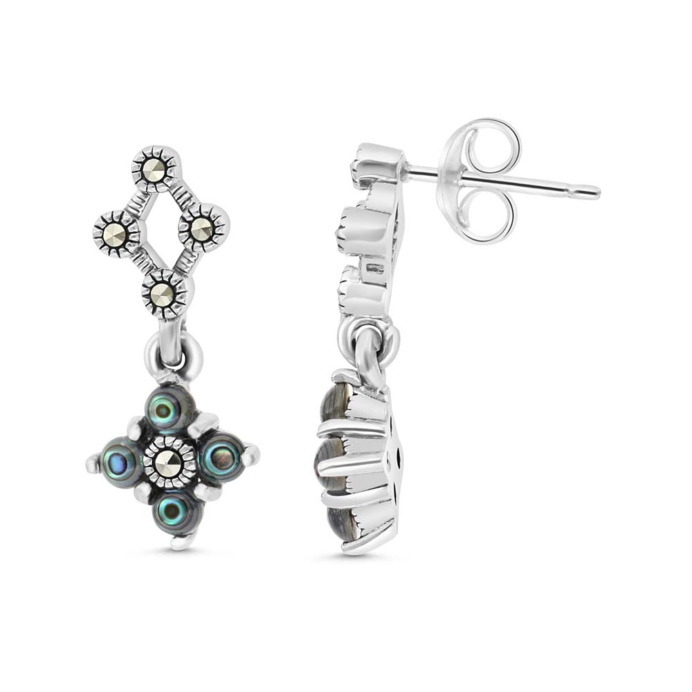Sterling Silver 925 Earring Embedded With Natural Blue Shell And Marcasite Stones