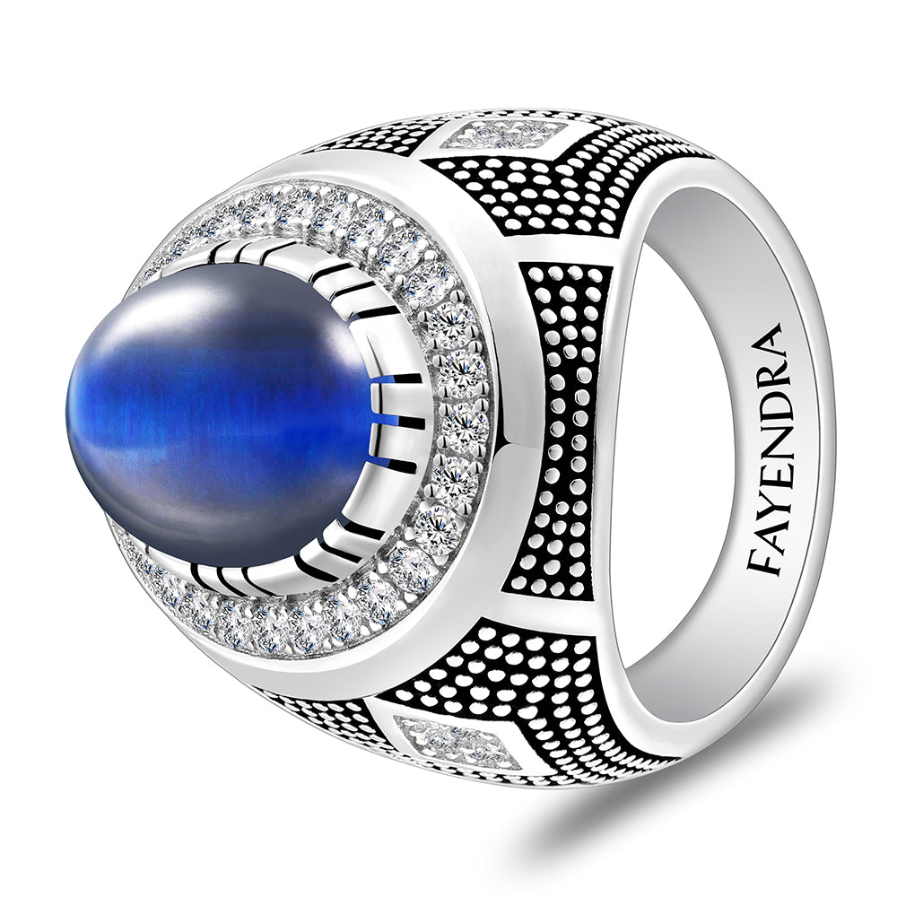 Sterling Silver 925 Ring Rhodium And Black Plated Embedded With Blue Tiger Eye Cabochon And White Zircon For Men