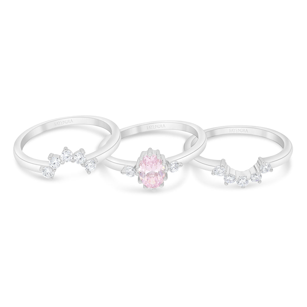 Sterling Silver 925 Ring (3pieces) Rhodium Plated Embedded With Pink Zircon And White Zircon